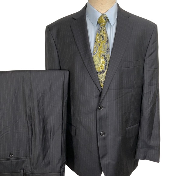 Jos A Bank Signature Suit Men 46L 39Wx31-1/2 Black Pinstripe Office Classic Wool - Picture 1 of 16